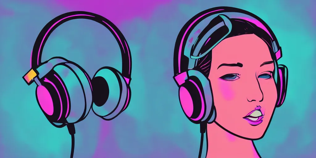 Image similar to “a closeup of a female face with headphones in retro colors, synthwave style, 2d digital vector art”