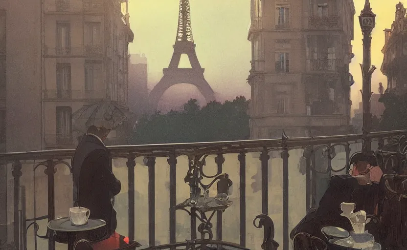 Prompt: elegant man drinking coffee at balcony in france, city with eiffel tower seen behind, moody sunset, late night, detailed characters, by greg rutkowski, alphonse mucha, beeple, sharp focus, digital art, smooth, light refraction, pixiv art, volumetric lighting, makoto shinkai