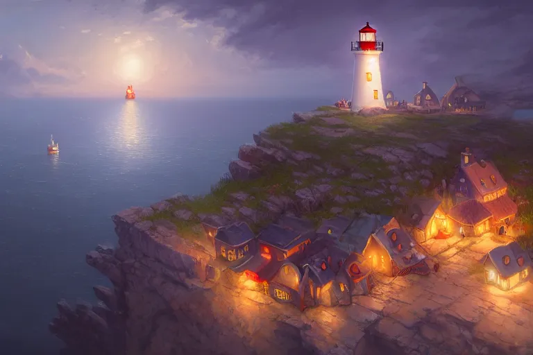 Image similar to Cozy small fantasy village on a cape with a lighthouse, fishing boats, view from above. In style of Greg Rutkowski, Jesper Ejsing, Makoto Shinkai, trending on ArtStation, fantasy, great composition, concept art, highly detailed, scenery, 8K, Behance.