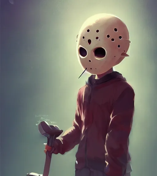 Image similar to beautiful little boy anime character inspired by jason voorhees, art by rossdraws, wlop, ilya kuvshinov, artgem lau, sakimichan and makoto shinkai, concept art, anatomically correct, extremely coherent, realistic, mask, smooth hd, 8 0 s haircut, red lighting, horror film cover
