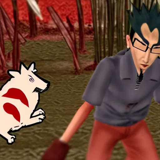 Prompt: Markiplier was absorbed into the Okami game. He must now befriend Okami in order to escape. Screenshot of the Markiplier character in the Playstation 2 game Okami. HDR, 4k, 8k, Okami being petted by Markiplier, who is looking at the camera.