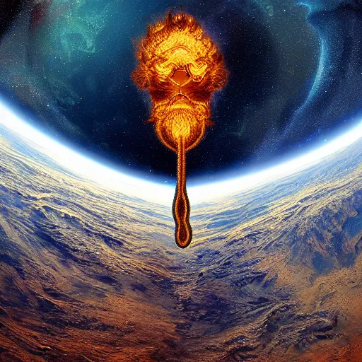 Image similar to the demiurge, a giant snake with the head of a lion, floating in space looking down on the earth beneath it, in flames. detailed digital art