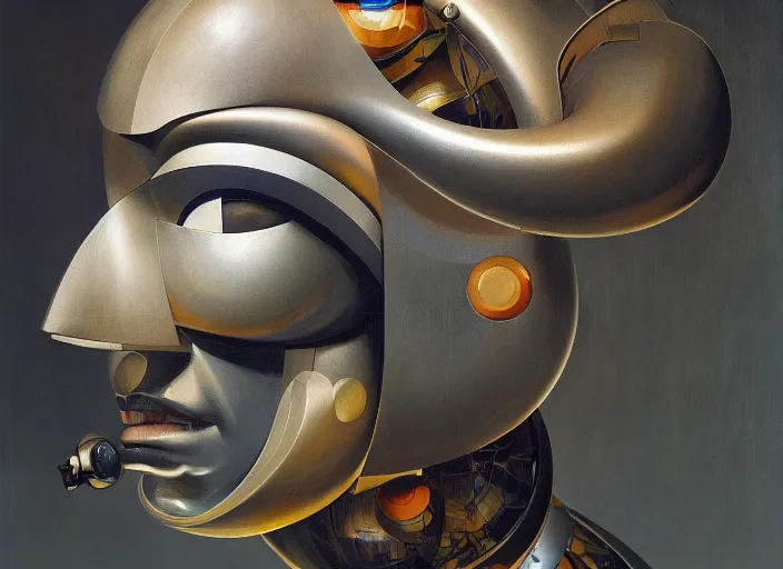 Image similar to asymmetrical portrait headshot of sci fi metallic human, bright eyes, melancholic complex geometric figure liminal biomechanical by oskar schlemmer, moebius, john berkey, film grain, oil on canvas, portrait facial head, featured on artstation, hd wallpaper, 8 k, bright colors, global radiant light