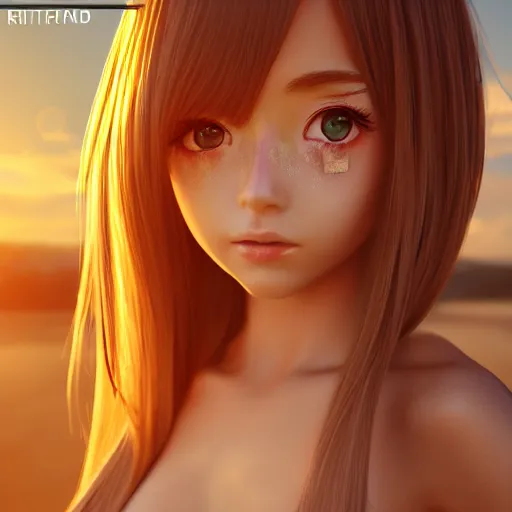 Image similar to Render of a very beautiful 3d anime girl, long hair, bikini shot, hazel eyes, cute freckles, full round face, short smile, golden hour, serene beach setting, medium shot, mid-shot, highly detailed, trending on Artstation, Unreal Engine 4k