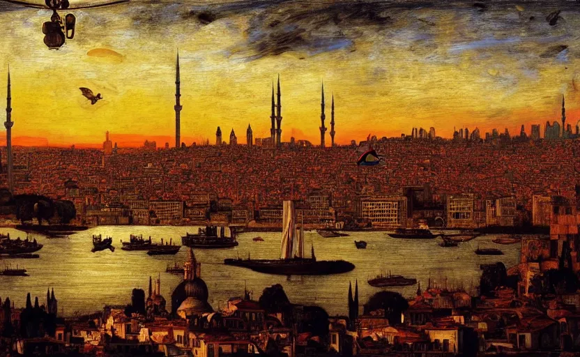 Image similar to skyline of istanbul at sunset, by edgar maxence and caravaggio and michael whelan and delacroix style, artistic, intricate drawing, cinematic lighting, hyper realistic, extremely detailed, establishing shot, 8 k resolution, dramatic lighting