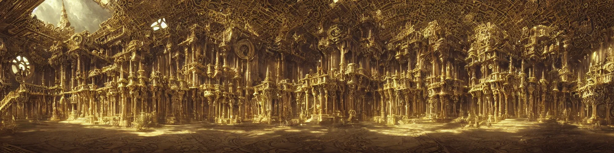 Prompt: symetrical highly detailed ornate with jewels and precious metals futuristic, sandman kingdom, close up in the bg entrance castle kingdom of dreams, space ships, hiperrealistc, global illumination, radiant light, detailed and intricate environment, wide view, drawing by frank lloyd wright art by andreas achenbach