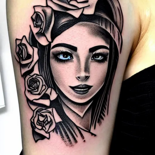 Image similar to tattoo design, stencil, beautiful egyptian girls face, roses and ivy surrounding by artgerm, artgerm, cat girl, anime