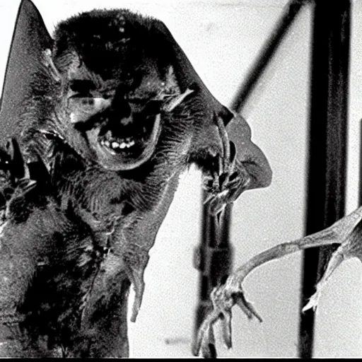 Prompt: screenshot from a movie showing a rabid vampire bat attacking a female scientist in a biolab.