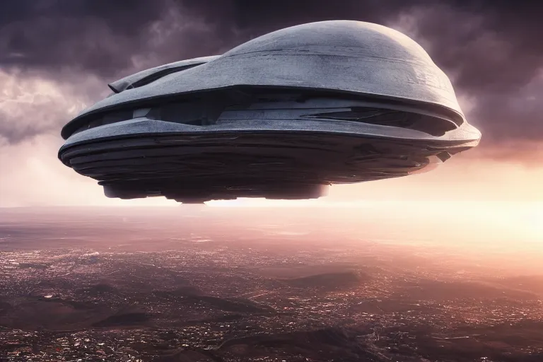 Prompt: a huge spaceship emerging from the clouds over Table Mountain in South Africa, cinematic, dramatic lighting, 4k, ultra detailed, trending on artstation