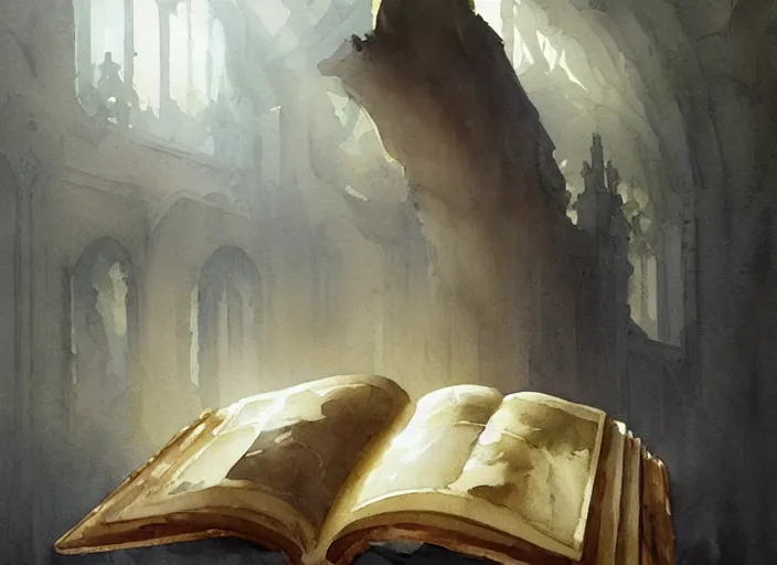 Image similar to watercolor painting of mysterious book, wonderful masterpiece by greg rutkowski, beautiful cinematic light, american romanticism by greg manchess, creation by tyler edlin