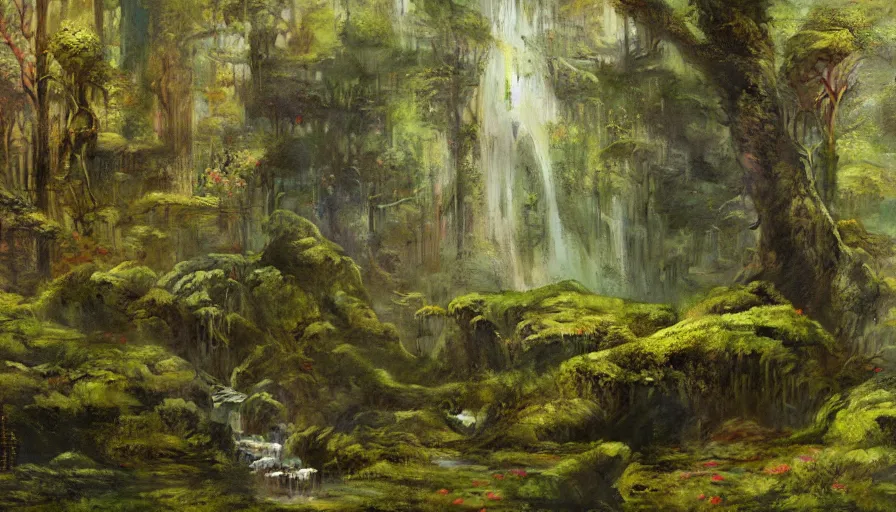 Image similar to ancient forest, mossy rocks, waterfall, intricate, vivid colors, brush strokes, elegant, highly detailed, richard schmid, john park, ruan jia, jeffrey catherine jones