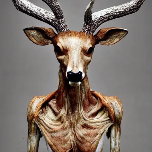 Image similar to hyperealistic sculpture of a monstrous deer with gore extruding from its body, body horror, living bodies, scary, disturbing, static noise, eerie, SCP Foundation, realistic creepypasta, found footage, living creature