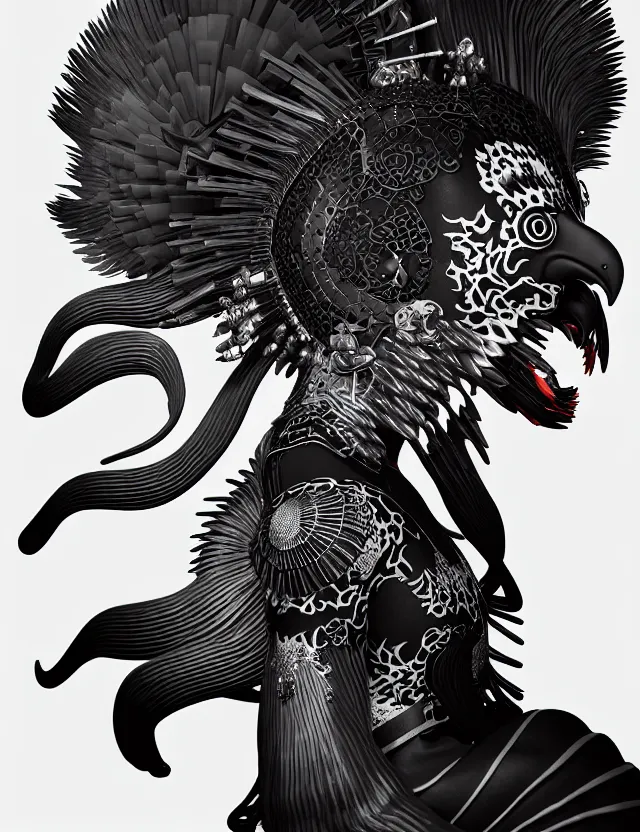 Image similar to 3 d goddess close - up profile portrait punk with mohawk with ram skull. beautiful intricately detailed japanese crow kitsune mask and clasical japanese kimono. betta fish, jellyfish phoenix, bio luminescent, plasma, ice, water, wind, creature, artwork by tooth wu and wlop and beeple and greg rutkowski