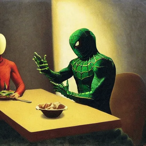 Prompt: Mysterio eating dinner with Spider-Man, artwork by Franz Sedlacek,