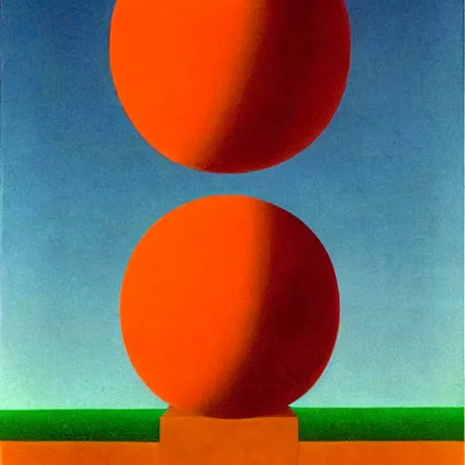 Image similar to green plains with an orange Oblivion portal, surrealist painting by Rene Magritte