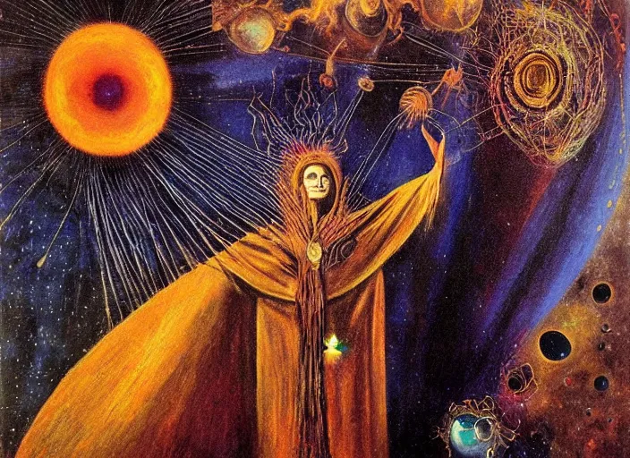 Image similar to a shaman woman holding up the cosmic!!! universe, by remedios varo, magic, reflection, symbolist!, psychedelic colors, dramatic lighting, smooth, sharp focus, extremely detailed, aesthetically pleasing composition