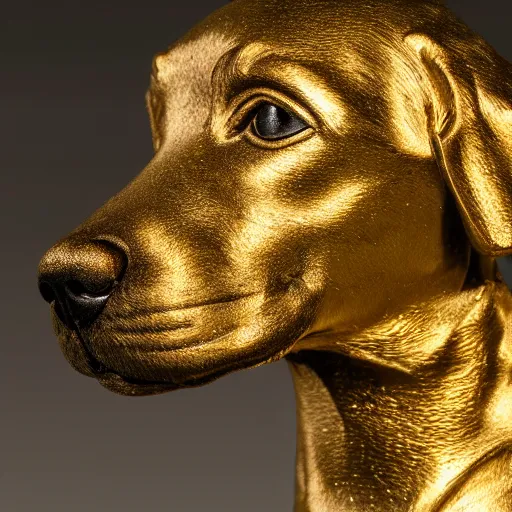 Image similar to detailed photo of a puppy statue made of gold, various posed, studio light, 8 k, photorealism, intricate detail, museum diffuse lighting