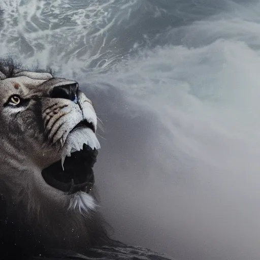 Image similar to a male lion's face breaching through a wave, stormy weather, ocean sprites, closeup of face, trending on artstation, dark lighting, face encircled by ocean wave