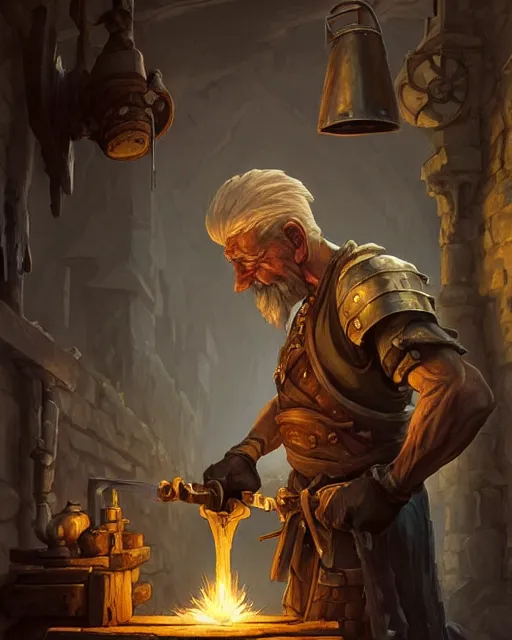 Image similar to an old blacksmith forging his final sword, his sad with grief and in pain from old injuries, his wall depicts his best weapons, deep focus, D&D, fantasy, intricate, elegant, highly detailed, digital painting, artstation, concept art, matte, sharp focus, illustration, hearthstone, art by Artgerm and Greg Rutkowski and Alphonse Mucha