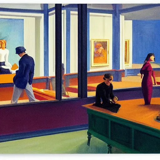 Image similar to painting, view from inside edward hopper's painting nighthawks, of people in art museum looking at the painting, by magrirre, by neo rauch