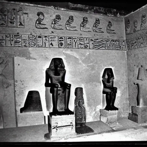 Prompt: very old black and white photo of an ancient Egyptian tomb, with statues of aliens