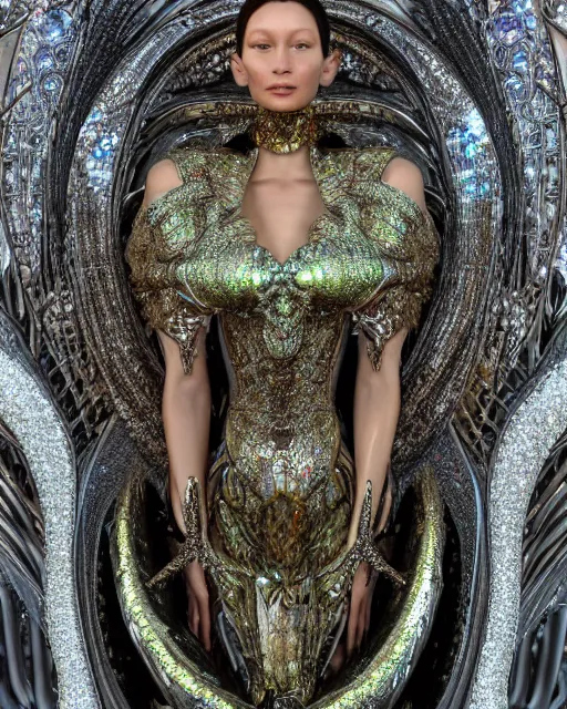 Prompt: a highly detailed metahuman 4 k close up render of an alien goddess bella hadid monument dmt in iris van herpen dress schiaparelli in diamonds crystals swarovski and jewelry iridescent in style of alphonse mucha gustav klimt trending on artstation made in unreal engine 4