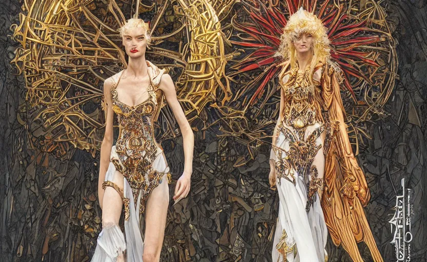 Image similar to fashion model walking down a catwalk, elaborate dress by alexander mcqueen, art by michael whelan and chris moore and howard david johnson and tim white and dan giancola