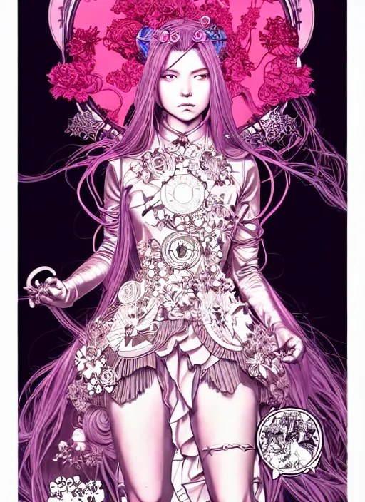 Image similar to artgerm highly detailed terada katsuya artstation manga poster of princess mechine, long hair, armor, dress, laces, ruffles, 8 k, maximalist, hinny fluorescent gradient reflection, jump comics, tomer hanuka, alphonse mucha