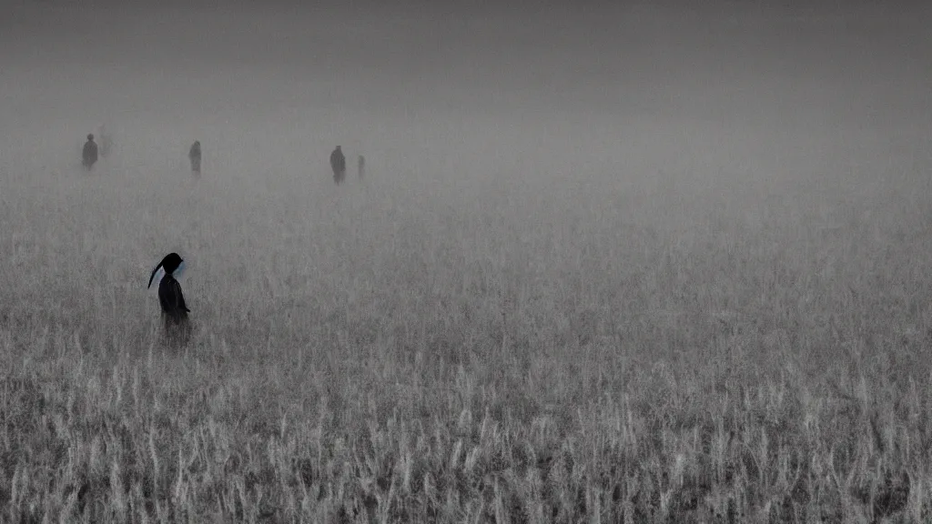 Image similar to crowd skeleton standing in a stomry, foggy wheat field, in the style of andrew wyeth, fine details