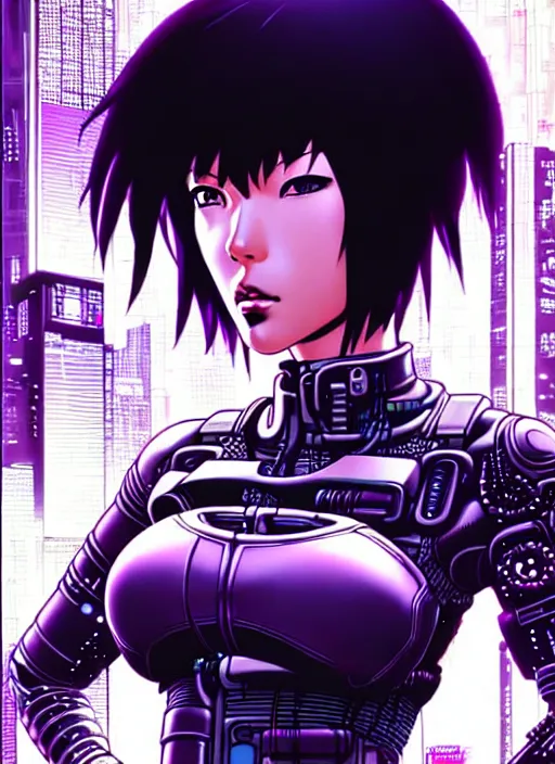 Image similar to motoko kusanagi in grungy cyberpunk megacity, intricate and finely detailed, cyberpunk vaporwave, portrait by j scott campbell, phil jimenez, ilya kuvshinov