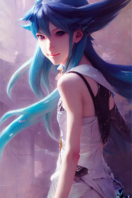 Image similar to hatsune miku portrait dnd, painting by gaston bussiere, craig mullins, greg rutkowski, yoji shinkawa