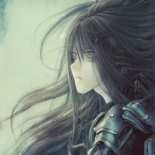 Image similar to yoshitaka amano style blurred and dreamy illustration, renaissance oil portrait, realistic anime girl with long wavy white hair fluttering in the wind and black eyes wearing elden ring style armor with engraving, highly detailed, ruins in the background, strange camera angle, three - quarter view, noisy film grain effect