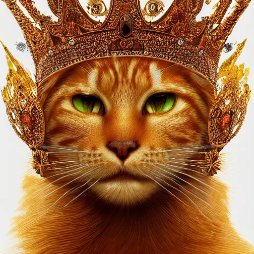 Image similar to colossal orange royal king tabby cat wearing an intricate detailed golden crown, golden hour, fantasy, vivid colors, sharp focus, digital art, hyper - realistic, 4 k, unreal engine, highly detailed, hd, dramatic lighting by brom, trending on artstation