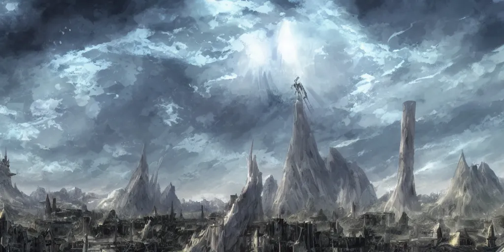 Prompt: landscape, no people, medieval, village, claymore anime background, world destroyer from claymore manga towering in the sky, concept art, colour, illustration, smooth, sharp focus, intricate, trending on artstation, trending on deviantart, 4 k