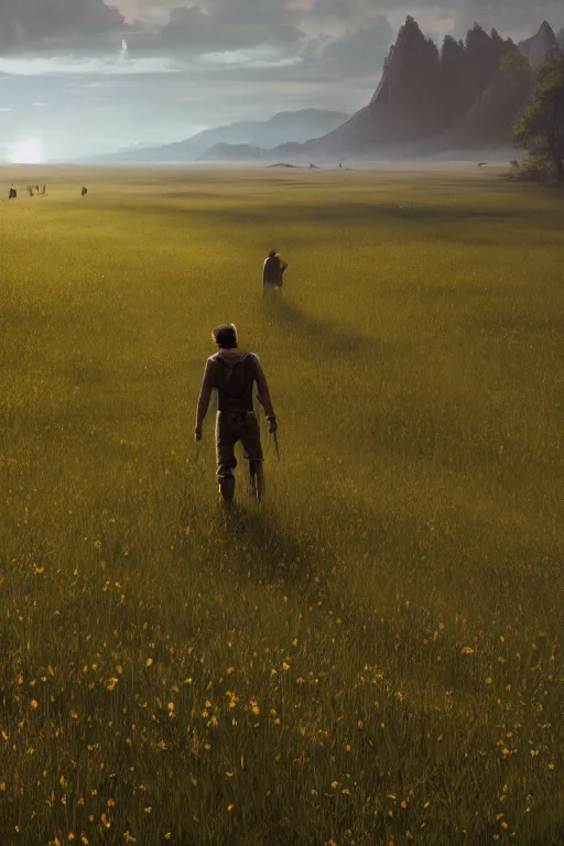Image similar to An endless meadow with a giant walking in the far distance by Greg Rutkowski, Sung Choi, Mitchell Mohrhauser, Maciej Kuciara, Johnson Ting, Maxim Verehin, Peter Konig, final fantasy , 8k photorealistic, cinematic lighting, HD, high details, atmospheric,