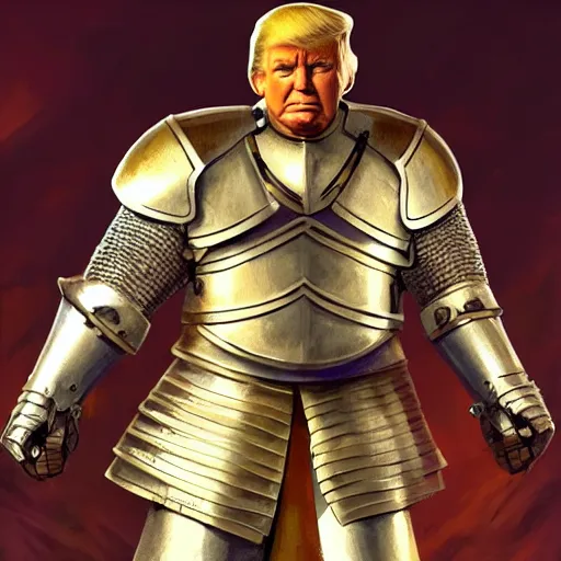 Prompt: full body facing forwards, cinematic front shot, two arms, two legs, two knights gauntlets, donald trump as a knight, shinning armor, knights armor, donald trumps sexy face, intimidating pose, donald trump wearing a crown, donald trumps heroic face, by hans thoma