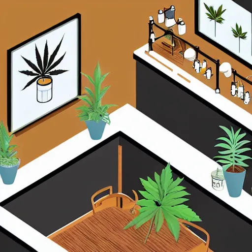 Image similar to hand - drawn minimalistic interior design of cannabis pot plant cafe, isometric, fun cute art