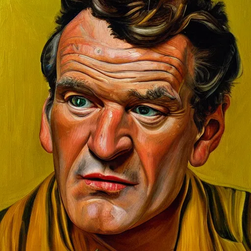 Image similar to high quality high detail painting by lucian freud, hd, portrait of yellow tarantino