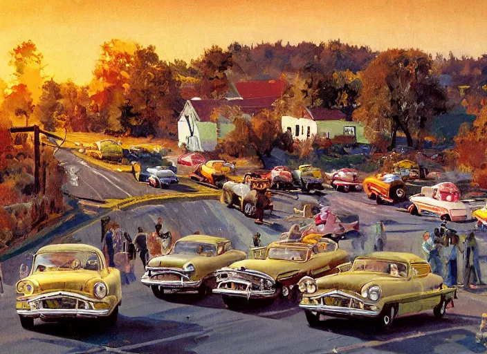 Image similar to small rural town in middle america 1950s hotrods driving down a street , vintage, high detail, golden hour, 8K, by John Berkey