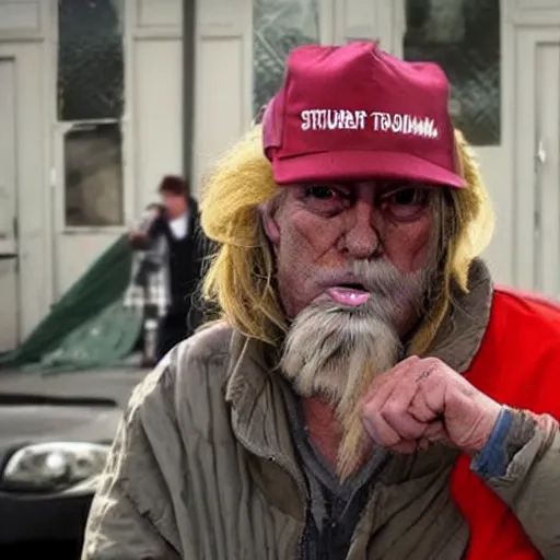 Image similar to donald trump dressed as a homeless man living in the slums