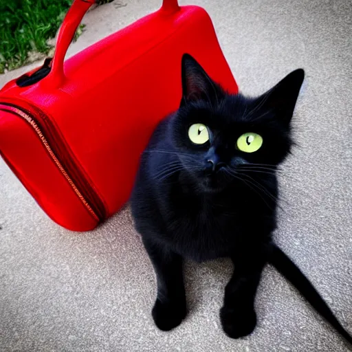 Prompt: black cat, in a red bag, playful, realistic, cute, photo quality, well lit