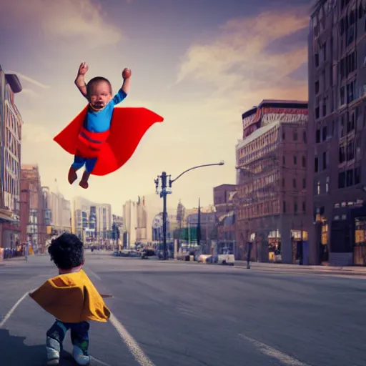 Prompt: baby with cape flying above the street, photorealistic