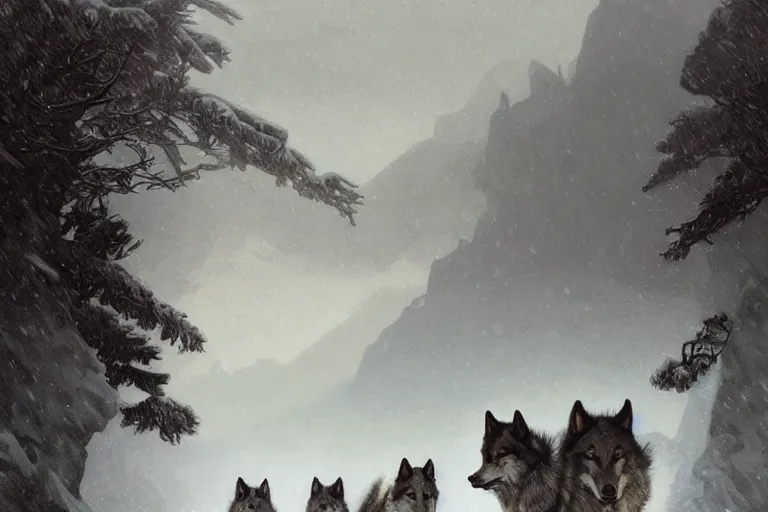 Image similar to a pack of wolves walking in a terrible snowstorm, luminous sky, by greg rutkowski and alphonse mucha, gradient brown to white, rocky mountains background, highly detailed landscape, digital painting, artstation, concept art, smooth, sharp focus illustration