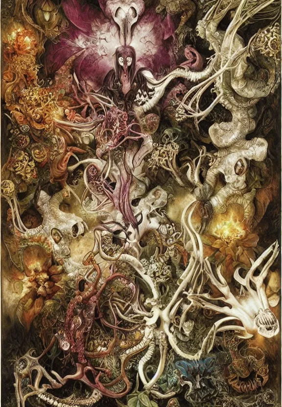 Image similar to simplicity, elegant, colorful muscular eldritch animals and bones radiating from fractal, orchids, flowers, mandala, white bones, by h. r. giger and esao andrews and maria sibylla merian eugene delacroix, gustave dore, thomas moran, pop art, chiaroscuro, biopunk, art nouveau