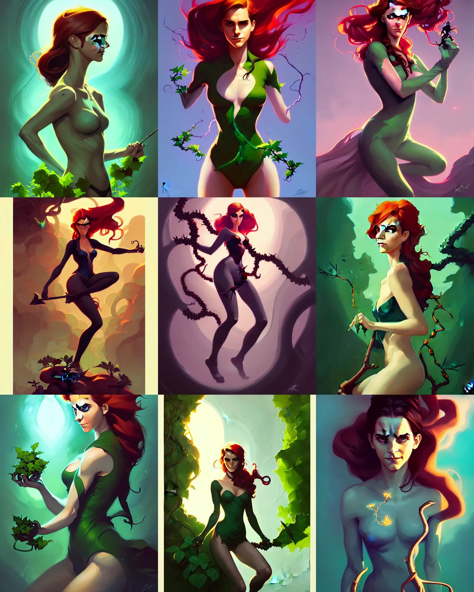 Prompt: peter mohrbacher, phil noto comicbook cover art, artgerm, emma watson poison ivy, vines,