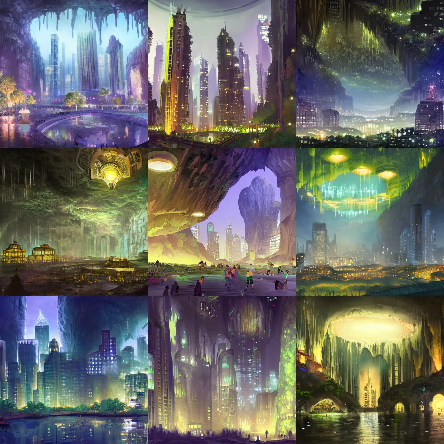 Prompt: a grand city at night with beautiful skyscrapers with glowing lights and green spaces, all inside an enormous cavern, cavern ceiling visible, concept art by wendy zhou