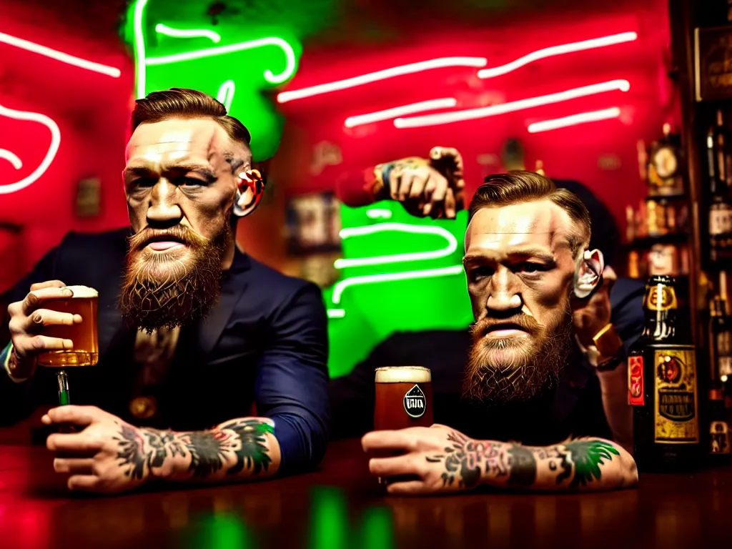 Prompt: a well framed portrait of conor mcgregor drinking a beer and smoking a cigar in an irish pub with a neon bar, laser lighting, trending on art station, in the style of the movie heat with al pacino, volumetric lighting & shadows, hyper detailed, digital art, unreal engine, 4 0 0 mm f 1. 8,