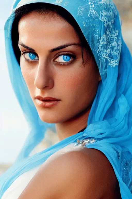 Image similar to young Monica Belluci as an Arab woman, tanned skintone, bright blue eyes, white veil, serious face, light blue dress, closeup portrait