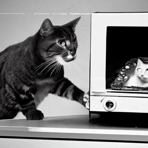 Image similar to studio photograph, a cat taking a pizza out of an oven