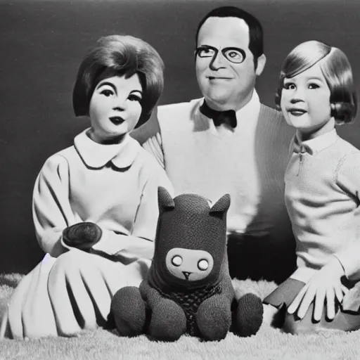 Prompt: creature family photo, toy commercial from the 60s